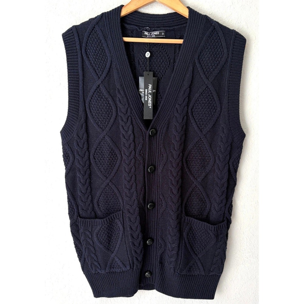 NWT Paul Jones Mens Cable Knit Cardigan Vest M Navy Blue V-Neck Button Front
